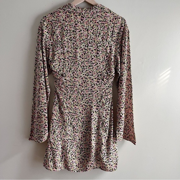 Zara Floral Mini‎ Shirt Dress Long Sleeves Pink Green Black Yellow, Size XS - Picture 10 of 11